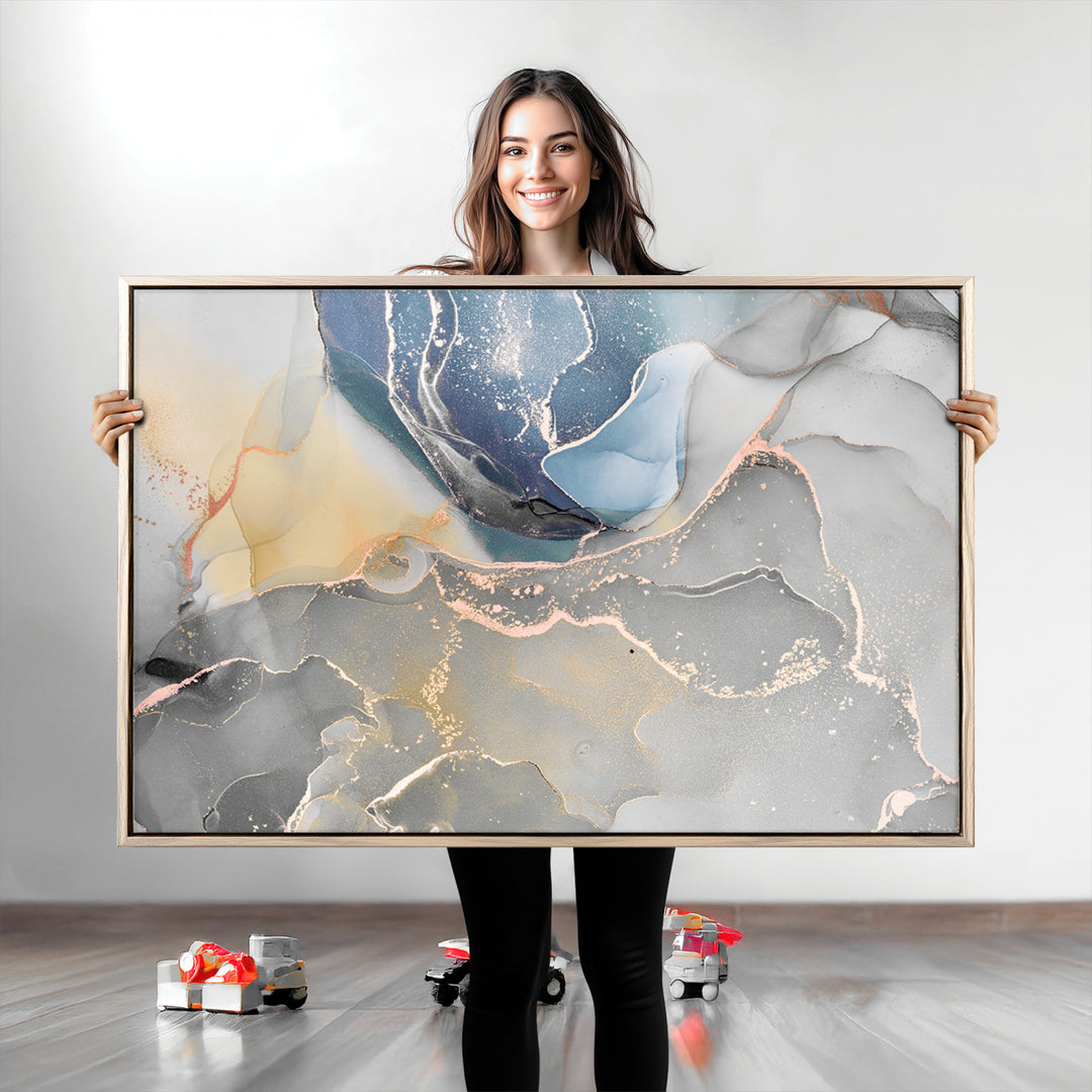 Large Abstract Blue and Gold Canvas Wall Art | Fluid Ink Artwork Print | Luxury Wall Decor for Contemporary Interiors | Framed Blue and Gold