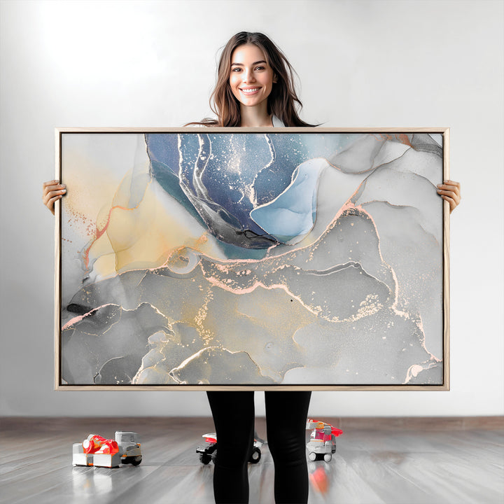 Large Abstract Blue and Gold Canvas Wall Art | Fluid Ink Artwork Print | Luxury Wall Decor for Contemporary Interiors | Framed Blue and Gold