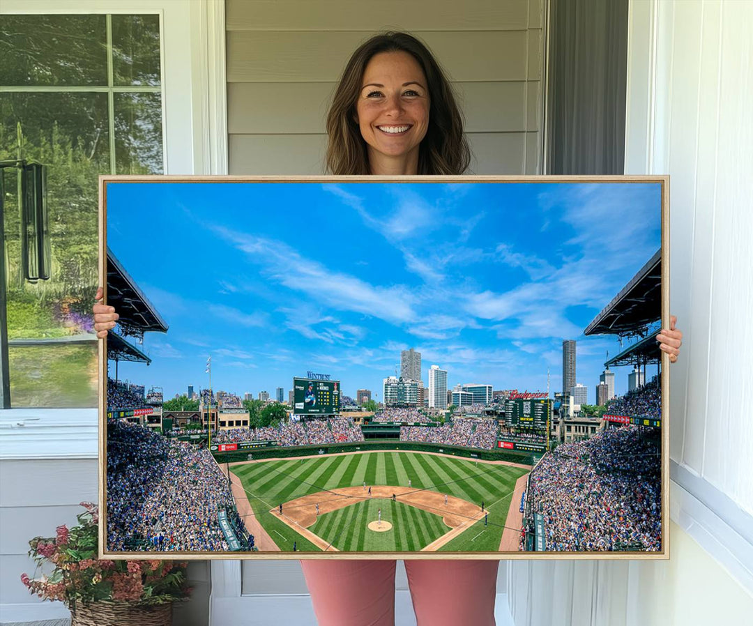 Panoramic view of Wrigley Field, ideal for the Wrigley Field Chicago Cubs Panoramic Canvas Wall Art - Ready to Hang.