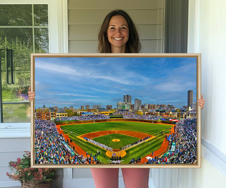 The Wrigley Field Cubs Panoramic Canvas Art hangs prominently in the modern living room.