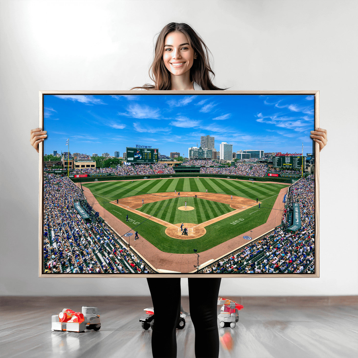 26064-MGV-CV-30X20-Framed Wrigley Field Chicago Cubs Print, Panoramic Multi Piece Canvas Wall Art - Iconic Baseball Stadium Print for Sports Lovers - Ready to