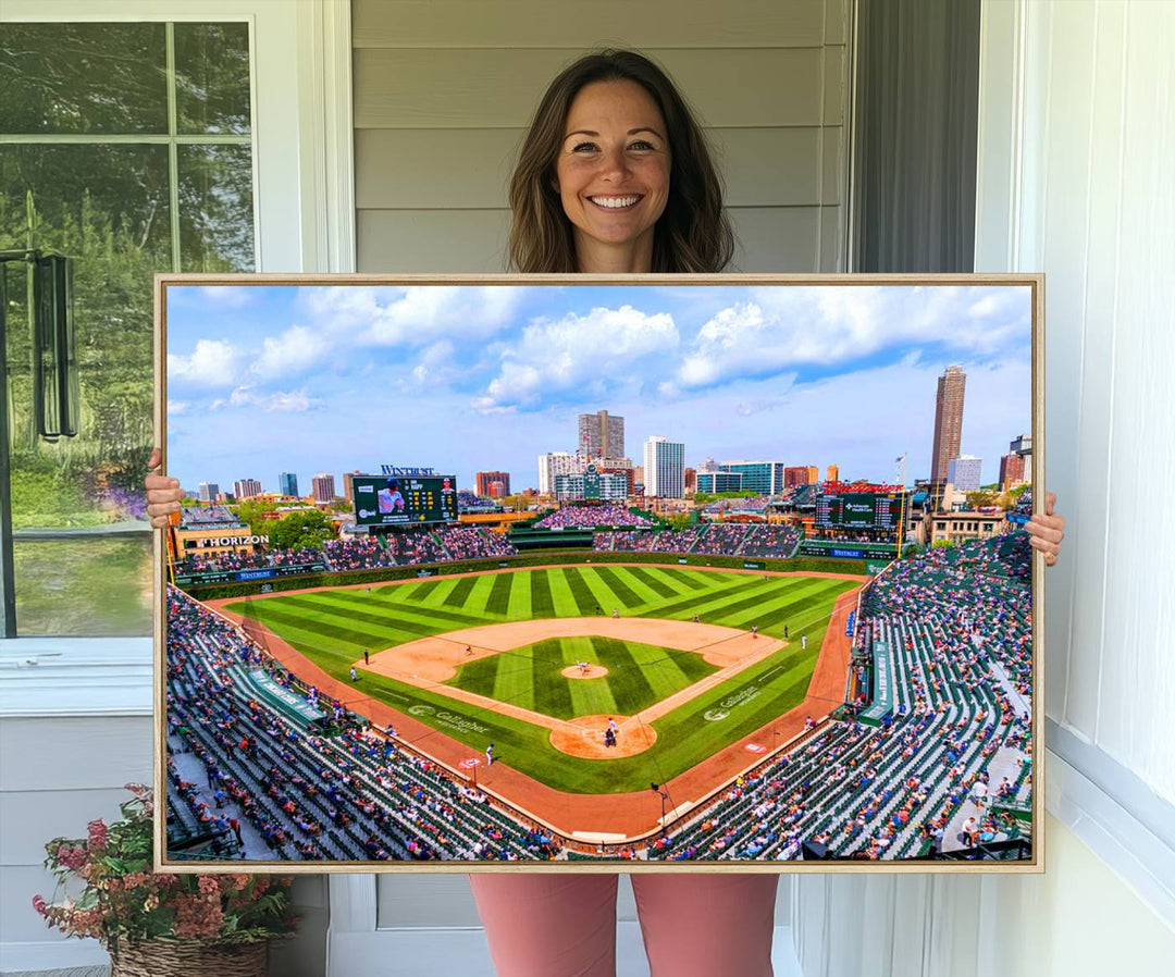 A 3-piece panoramic canvas wall art showcases an aerial view of a packed Chicago Cubs game at Wrigley Field, perfect for sports lovers.