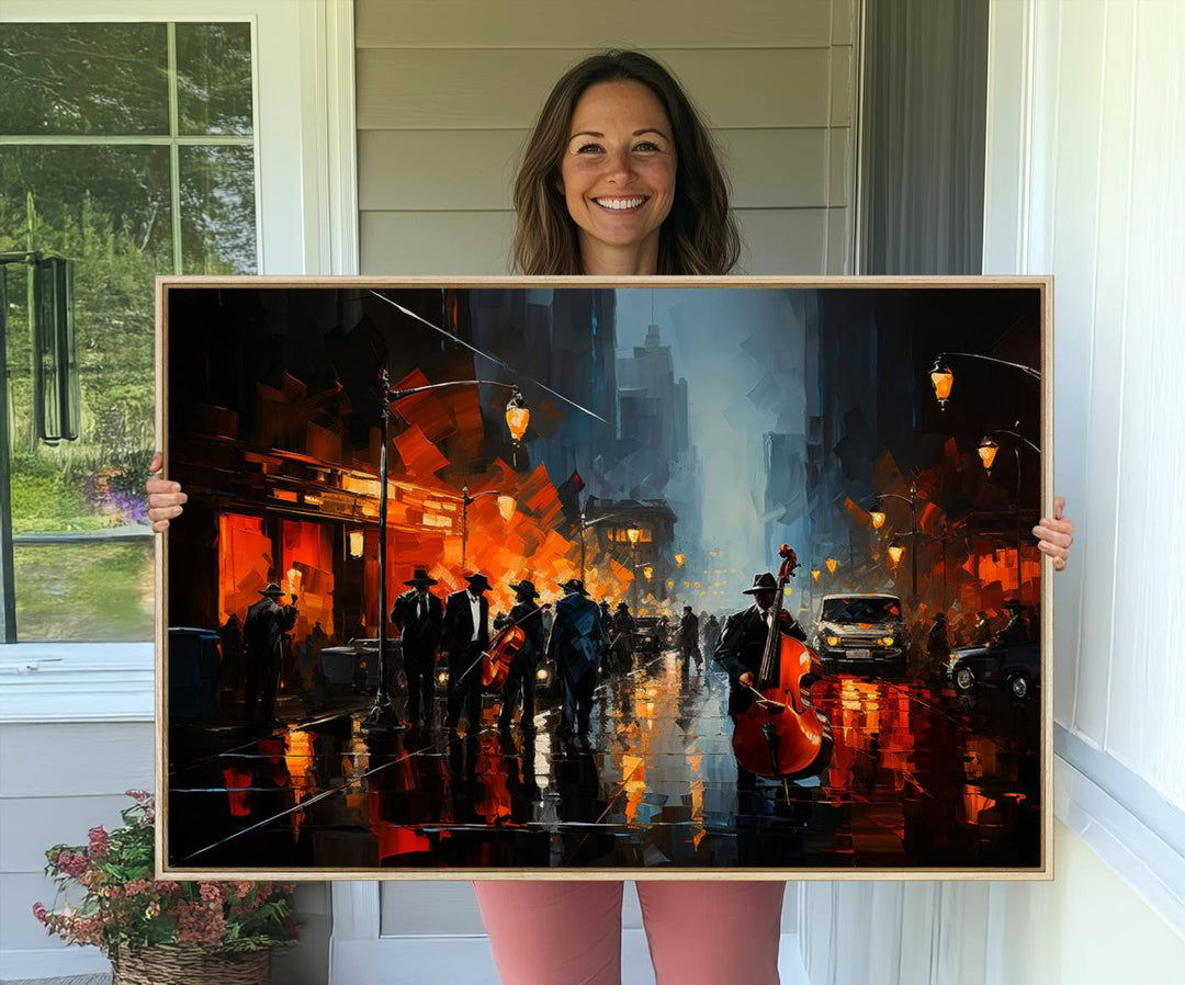 Framed Abstract Music Canvas: Jazz musicians on a rainy city street at night, with warm lights reflecting on wet pavement.