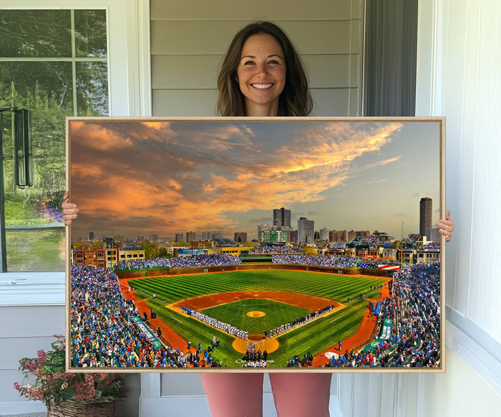 Aerial view of Wrigley Field at sunset against a vibrant sky, creating the perfect Chicago Wrigley Field Canvas Wall Art.