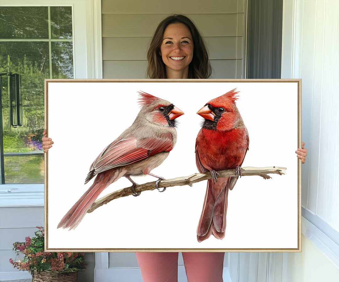 The Cardinal Bird Canvas Wall Art showcases two cardinals on a branch.