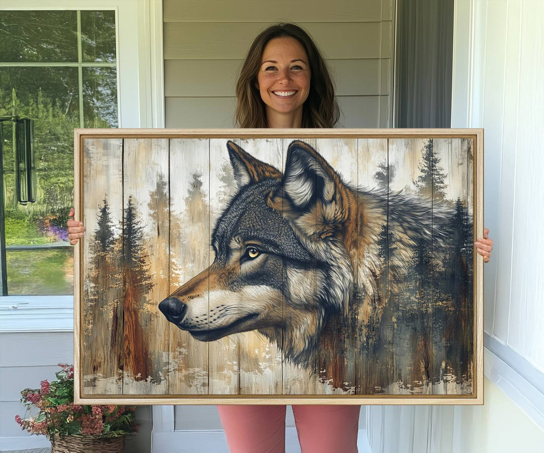 A kitchen dining area features Rustic Wolf Wall Art.