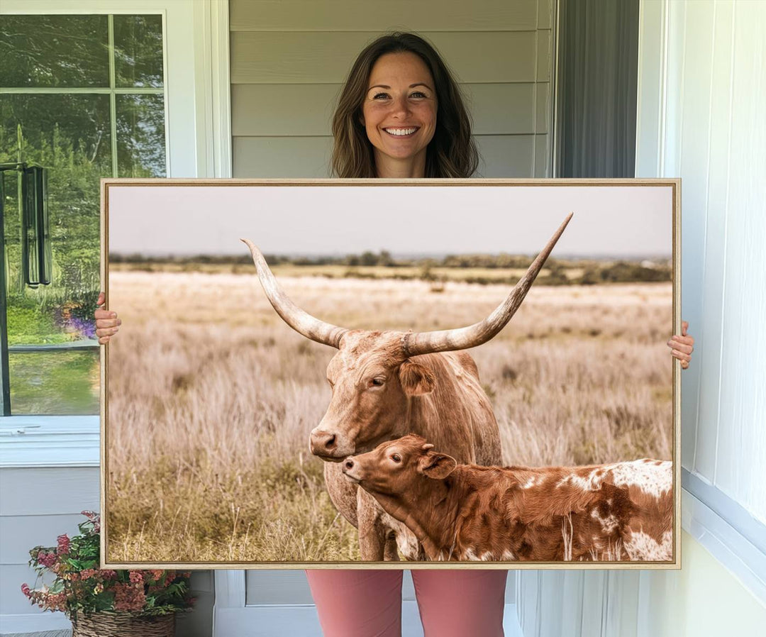 Dining area featuring a Texas Longhorn Cow Wall Art Canvas Print.