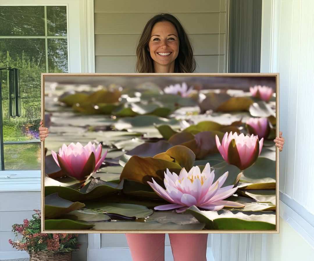 The dining room features the Water Lily Large Canvas Print.