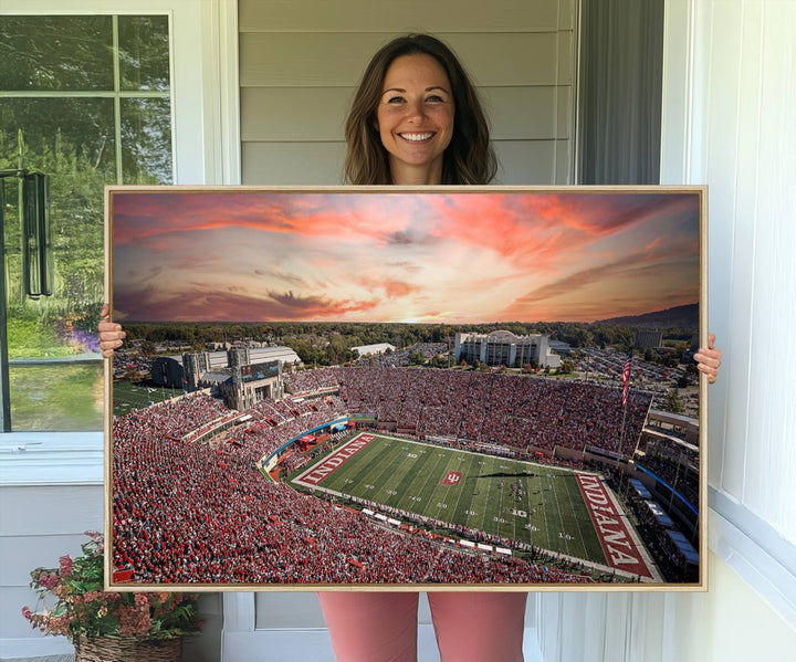 Gallery-quality Indiana Memorial Stadium Wall Art Canvas: A stunning view of the stadium at sunset.