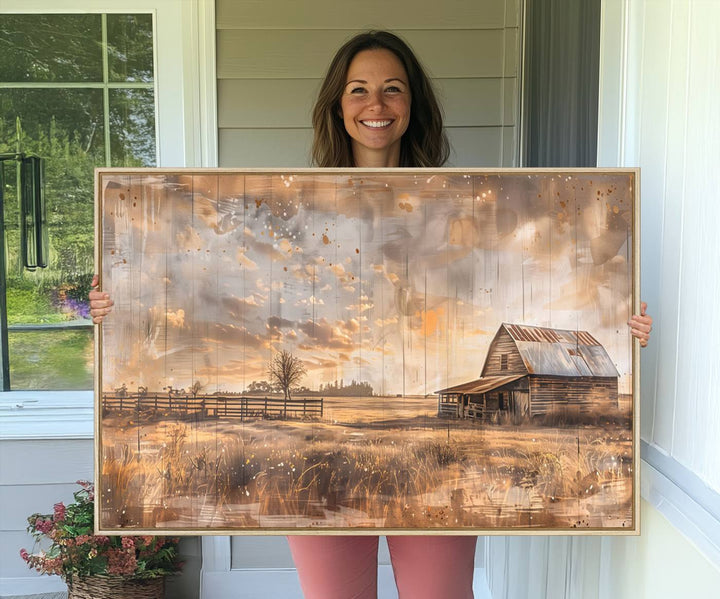 Rustic Farmhouse Wall Art Canvas depicting a barn under a cloudy sky.