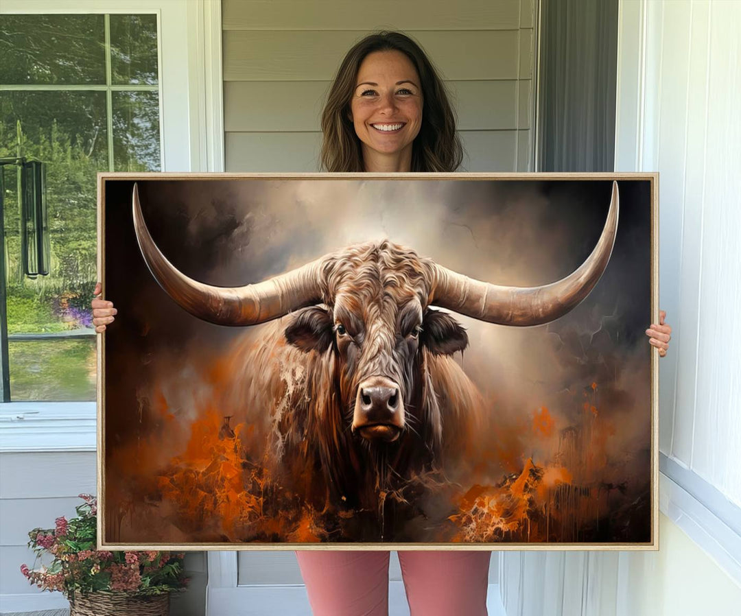 A Highland Bull with striking horns is depicted in a fiery abstract style on a ready-to-hang wall art canvas, evoking strength.