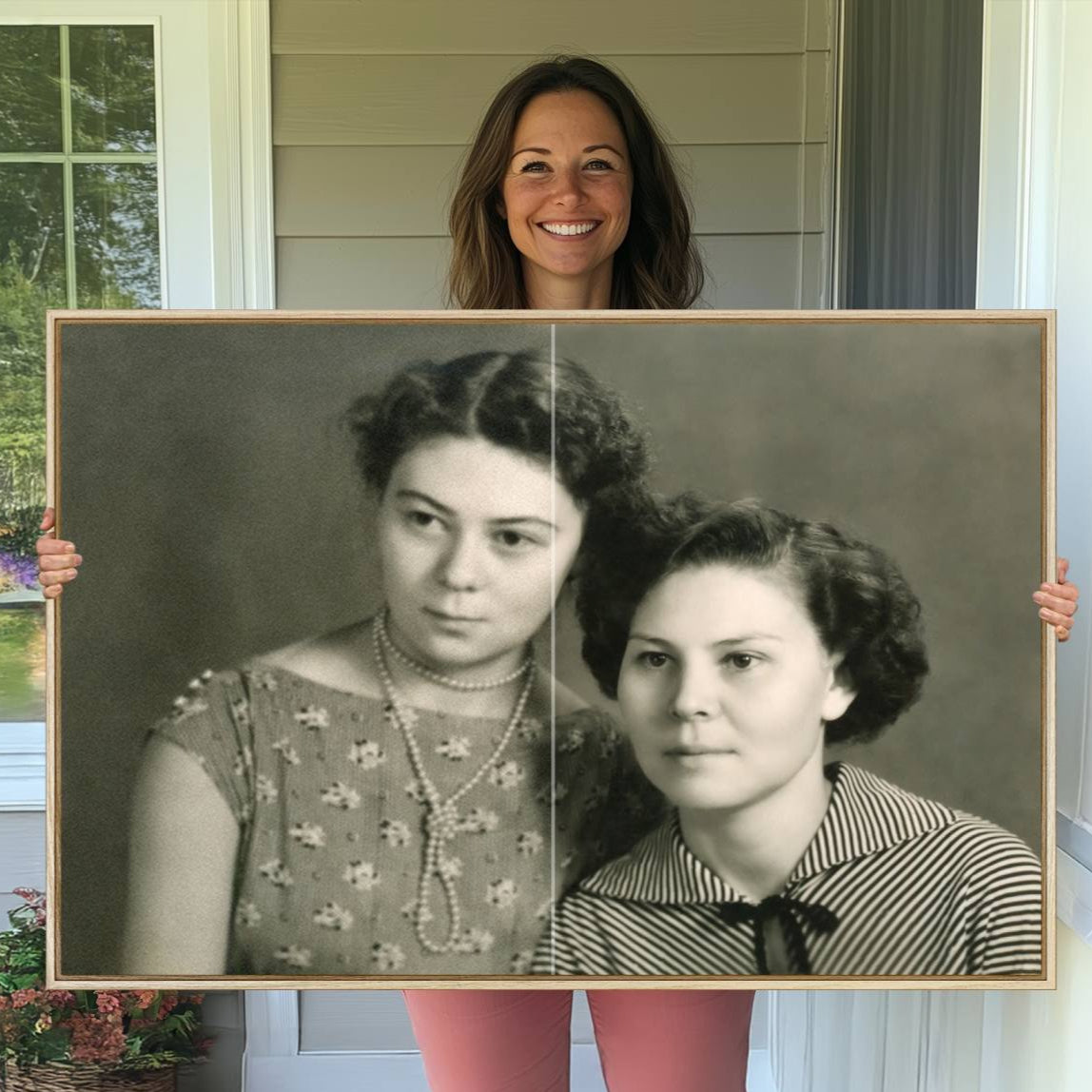 Two repaired vintage portraits, one casual and one formal, both presented as high-quality framed wall art canvas prints.