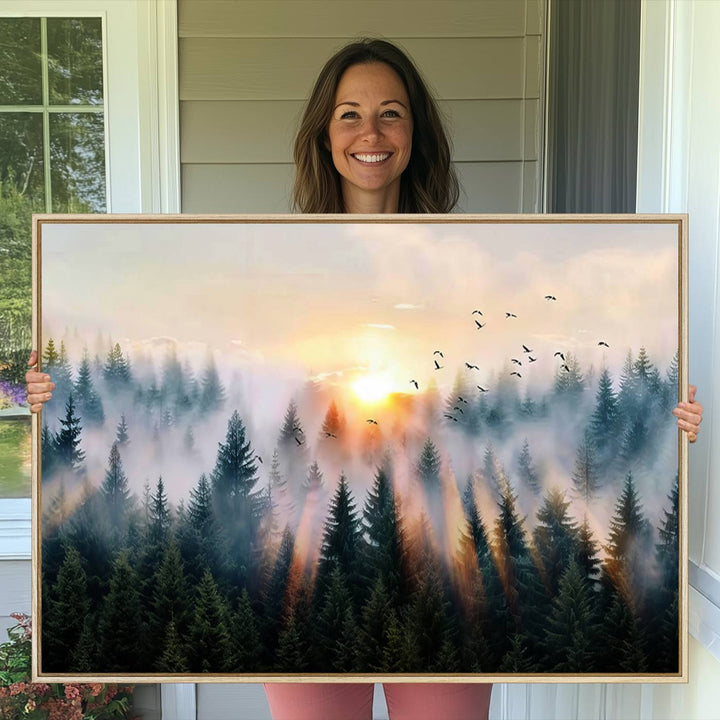 Abstract Forest Wall Art - Serene Nature Canvas Print with Misty Forest Design for Modern Home or Office Decor