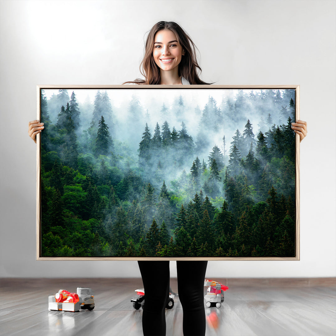 Misty Forest Art Wall Art Canvas Print, Foggy Mountain Art Print, Framed Scenic Wall Print Art Print, Large Woodland Canvas Printing Perfect