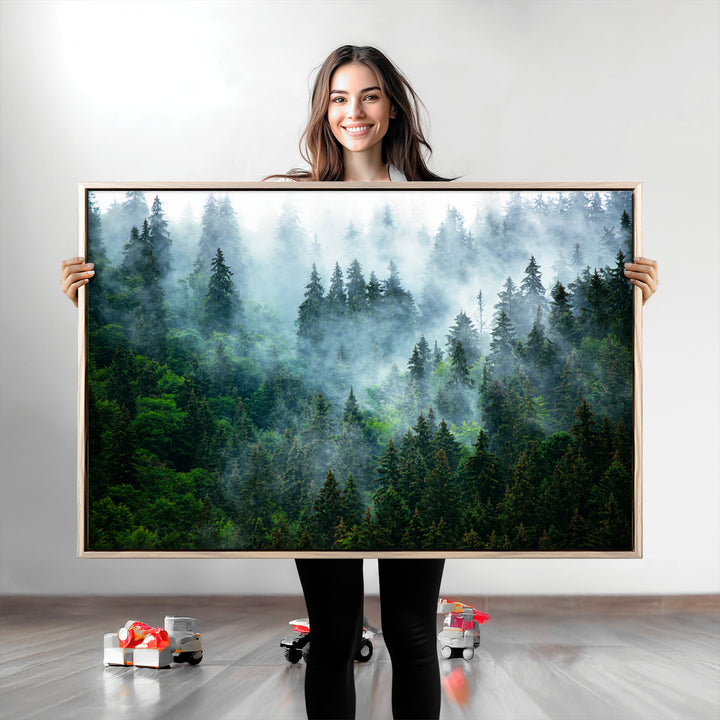 Misty Forest Art Wall Art Canvas Print, Foggy Mountain Art Print, Framed Scenic Wall Print Art Print, Large Woodland Canvas Printing Perfect