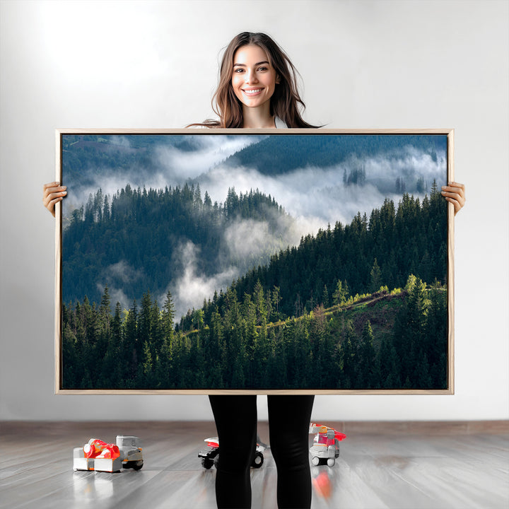 Misty Forest Wall Art Canvas Print, Framed Pine Hills Art Picture Print, Moody Hills Perfect Moody Woodland Decor Artwork