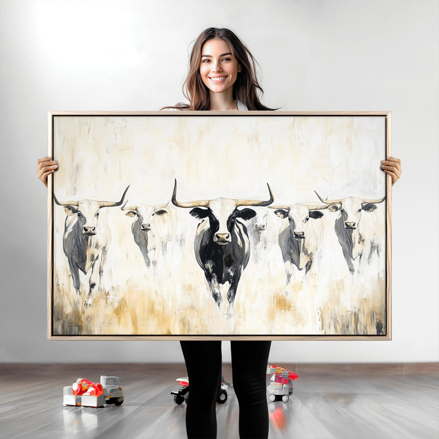 Texas Longhorn Canvas Print, Framed Rustic Herd Art Picture Print, Western Bull Perfect Neutral Western Decor