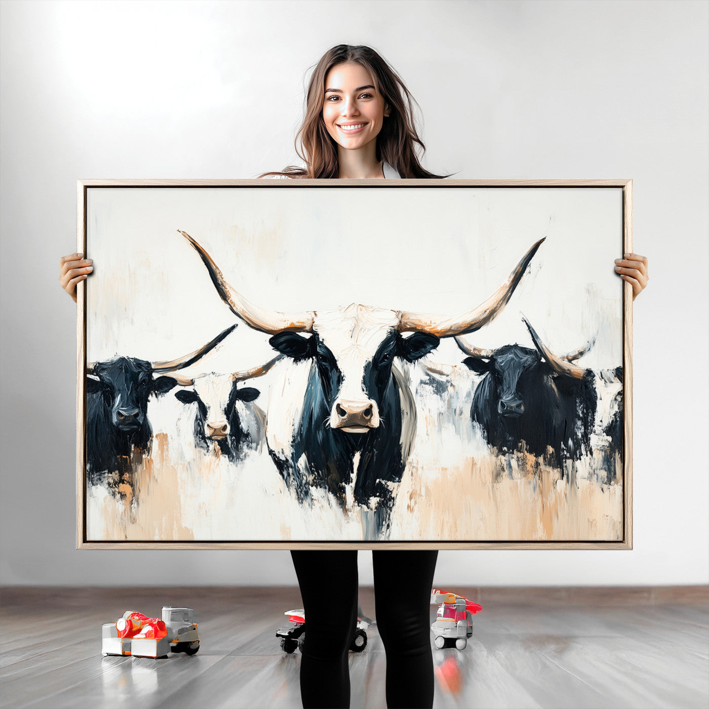 Texas Longhorn Wall Art Canvas Print, Framed Western Cattle Art Picture Print, Horned Bull Perfect Rustic Western Decor, Western Cattle