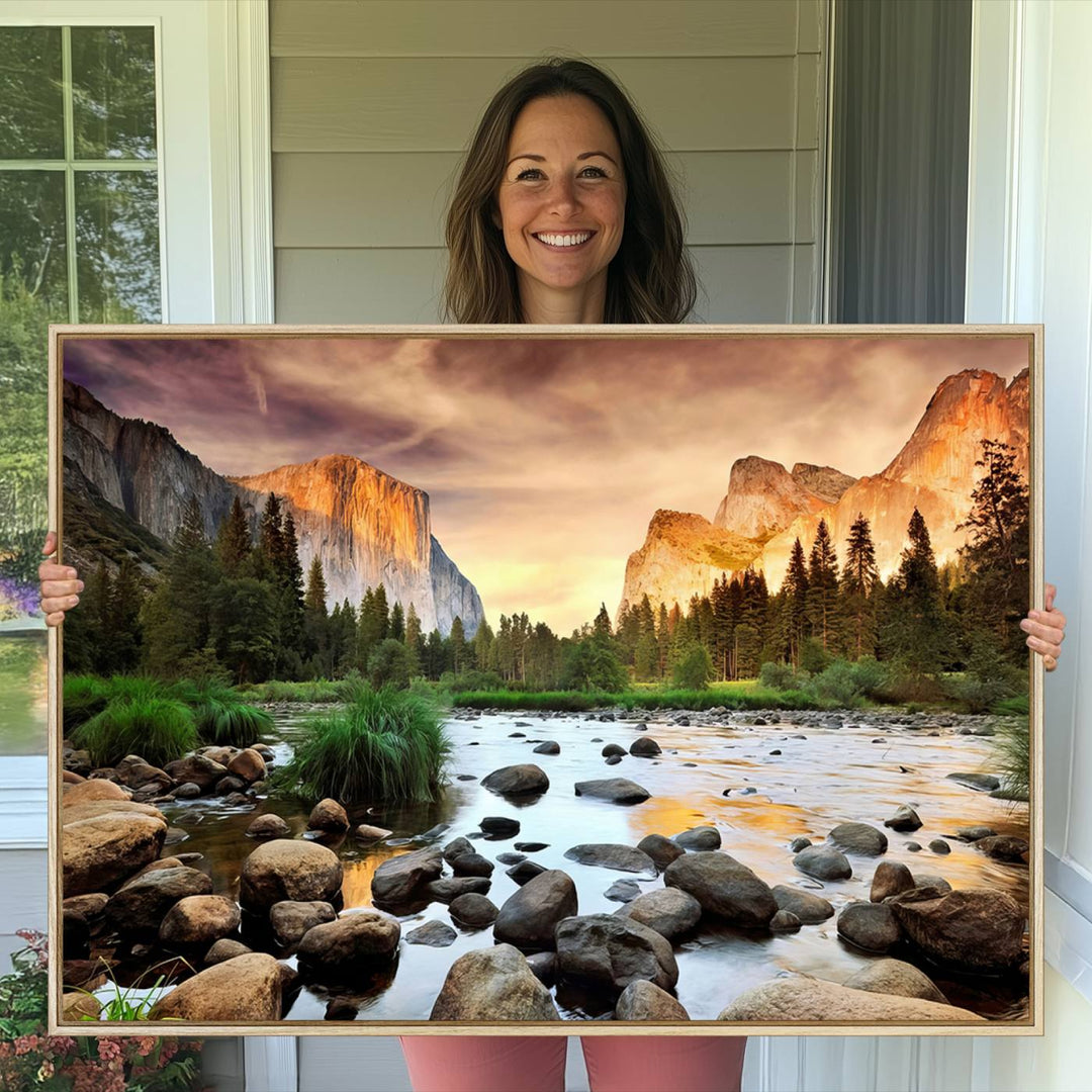 A tranquil riverside sunset mirrors the beauty of a Yosemite wall art masterpiece like the Large El Capitan Print.