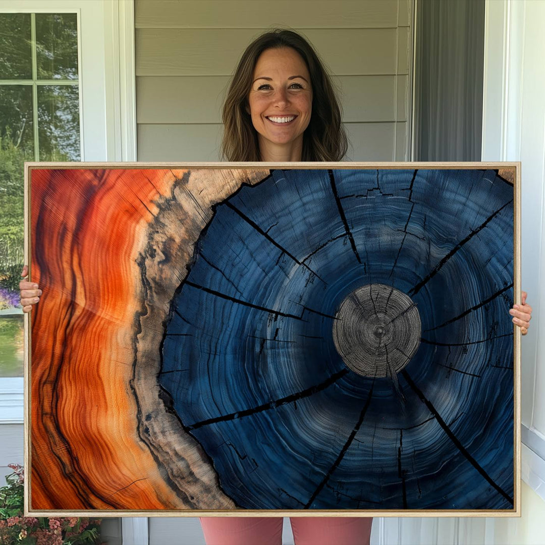 Abstract Tree Rings Canvas Print with vibrant colors—ideal farmhouse wall art for a woodland-themed home.