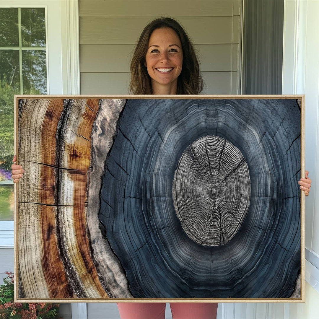 Close-up of the Abstract Tree Rings Wall Art Print featuring shades of blue, brown, and gray.