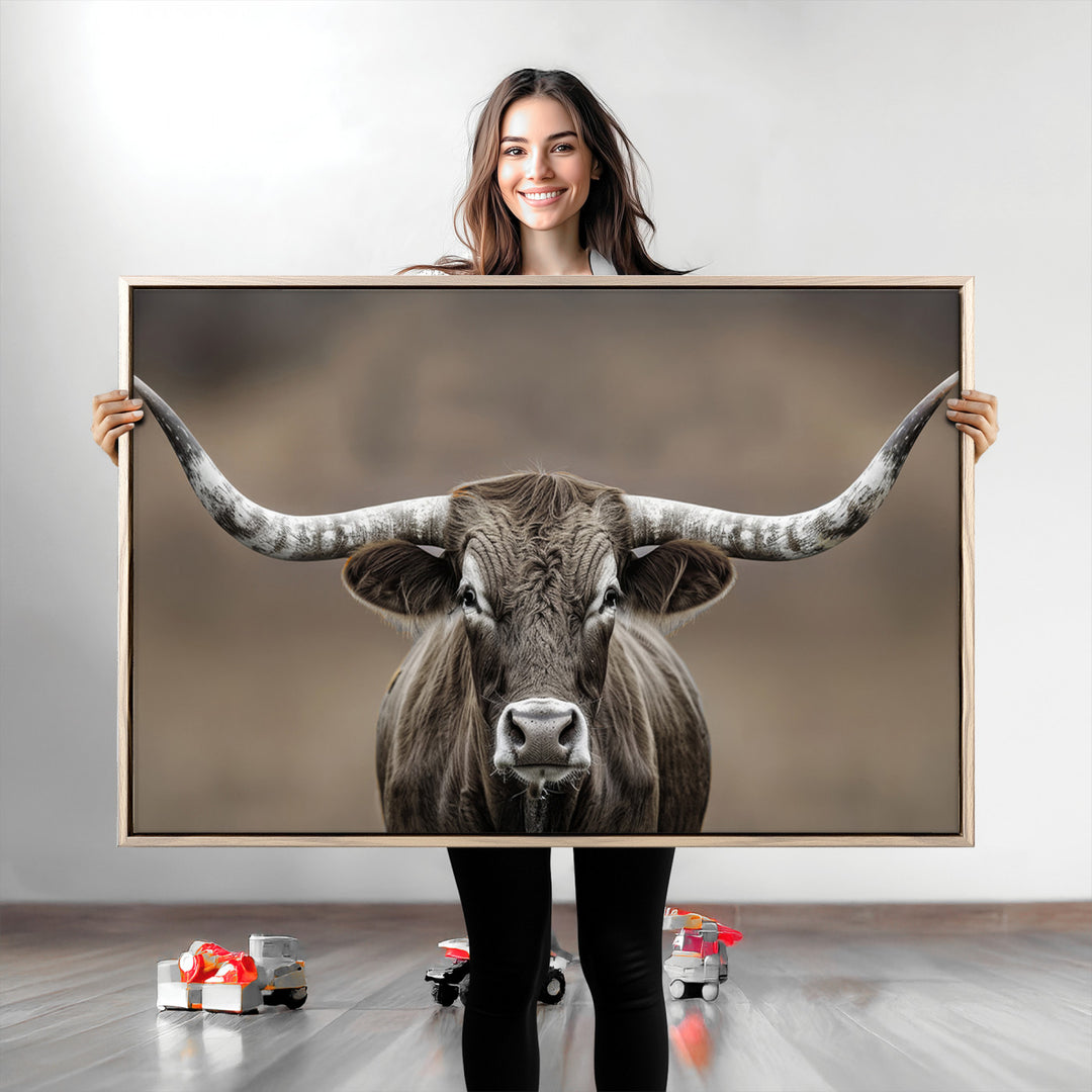 The Framed Texas Longhorn Bull Art Canvas Print adds timeless elegance to the serene setting.