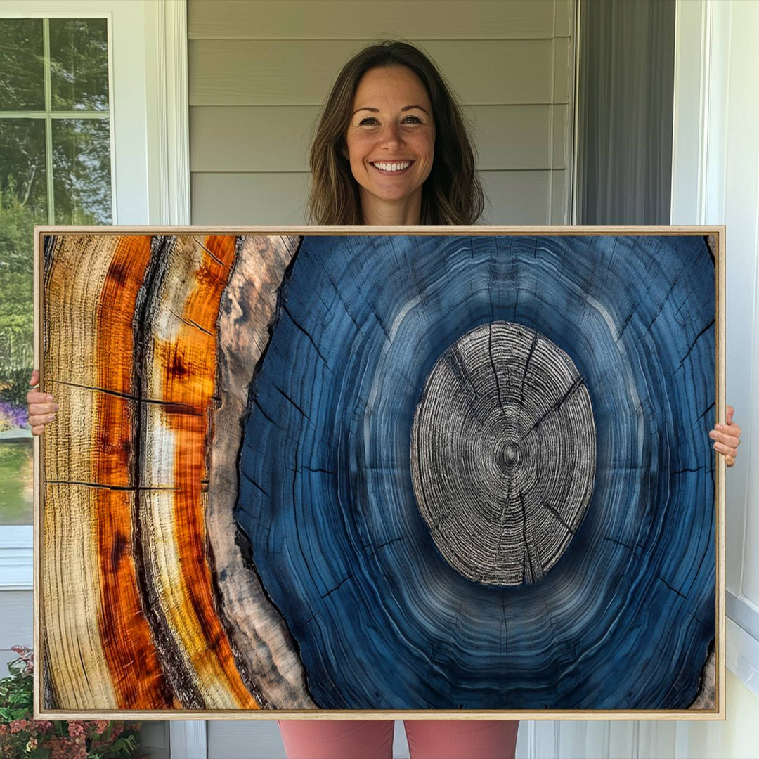 Vibrant Abstract Tree Rings in Orange, Brown, and Blue - Canvas Print for Nature Woodland Wall Decor.