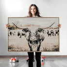 Texas Longhorn Wall Art Canvas Print, Framed Speckled Cow Art Picture Print, Horned Cattle Perfect Rustic Western Decor Artwork
