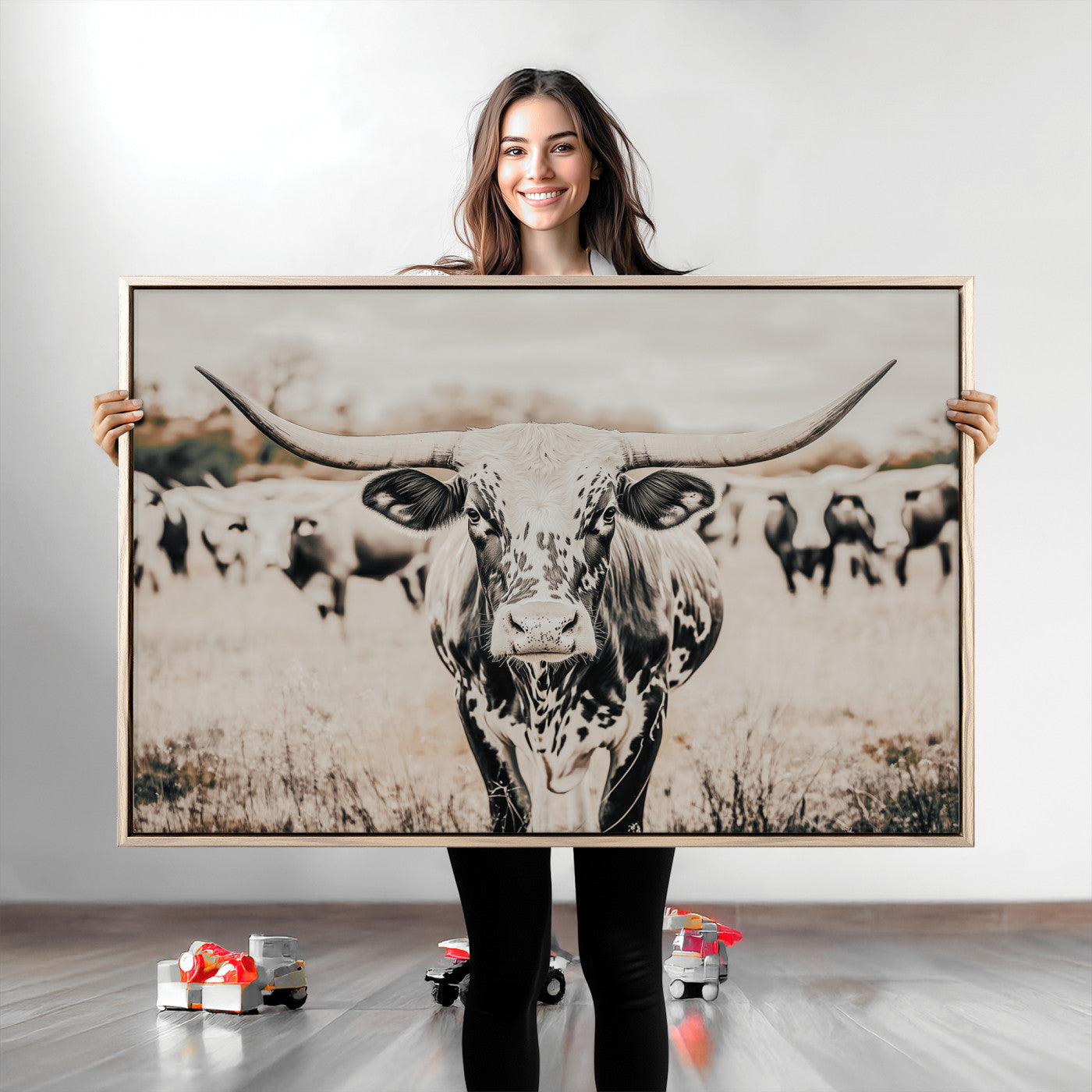 Texas Longhorn Wall Art Canvas Print, Framed Speckled Cow Art Picture Print, Horned Cattle Perfect Rustic Western Decor Artwork