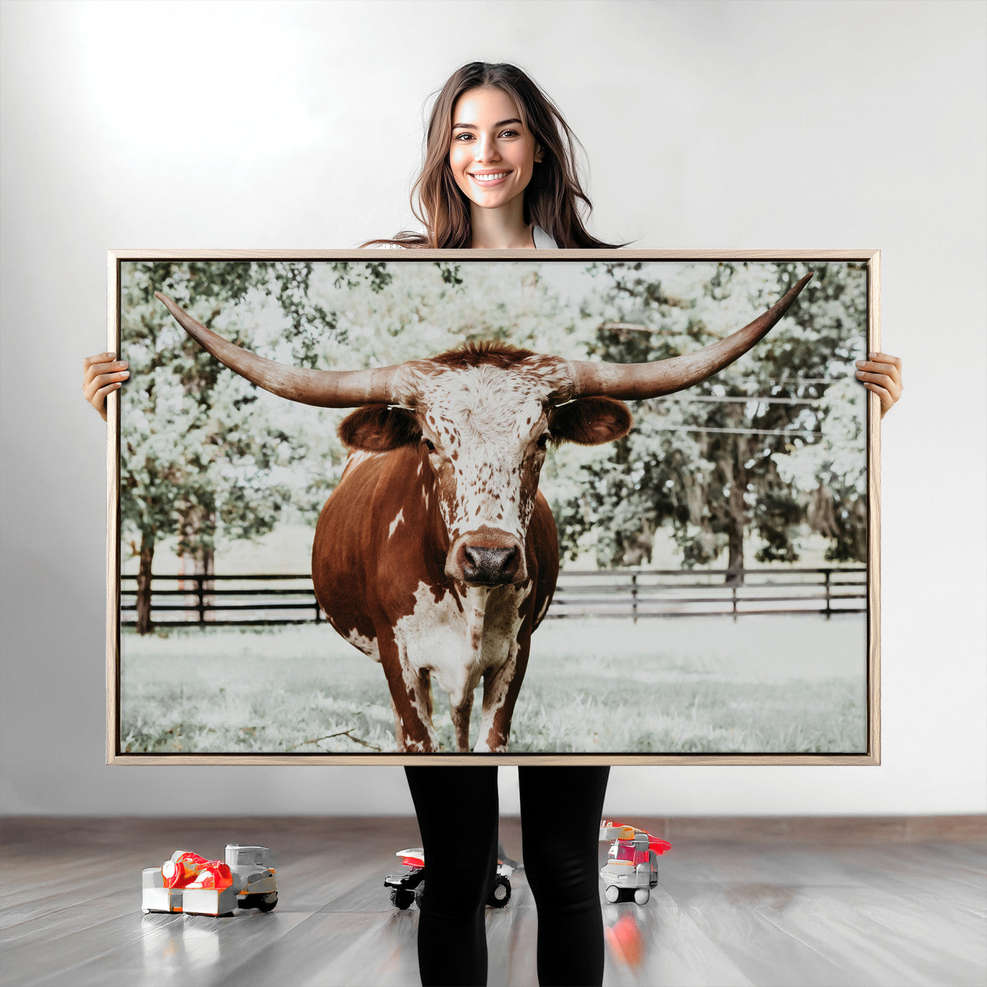54757537-MGV-CV-36X24-Texas Longhorn Wall Art Canvas Print, Framed Spotted Cow Art Picture Print, Horned Cattle Perfect Rustic Western Decor Artwork