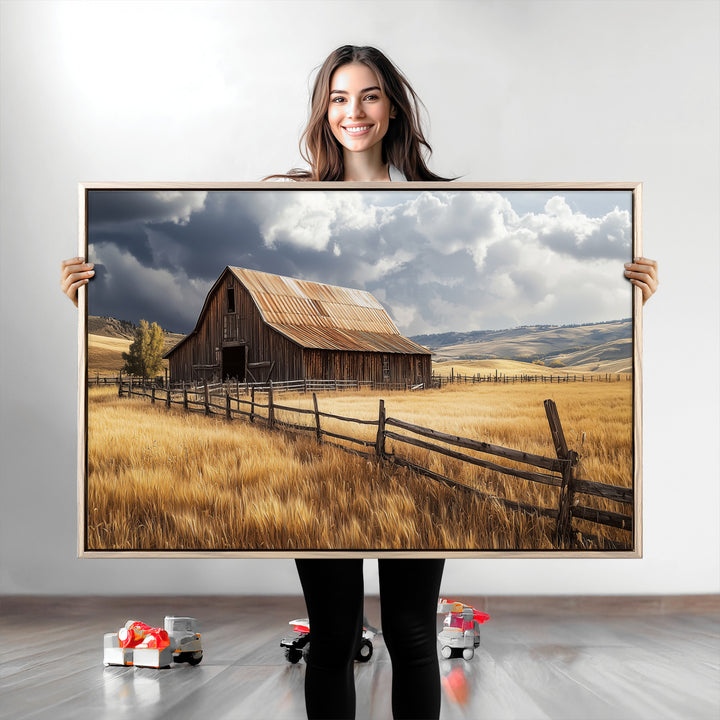 Rustic Barn Wall Art Canvas Print, Framed Moody Barn Art Picture Print, Golden Field Perfect Rustic Farmhouse Decor