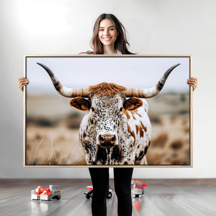 Texas Longhorn Wall Art Canvas Print, Framed Spotted Cow Art Picture Print, Horned Cattle Perfect Rustic Western Decor Artwork