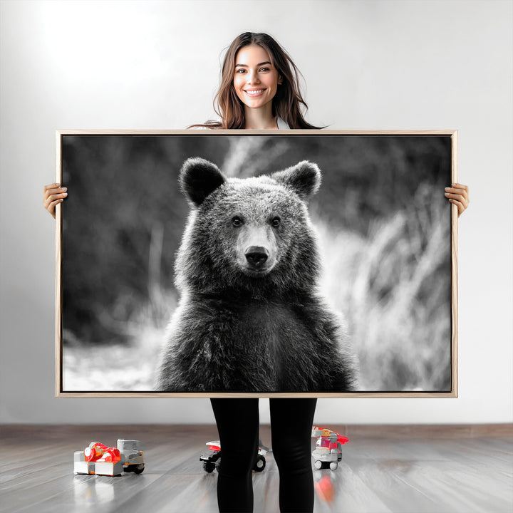 Grizzly Bear Wall Art Canvas Print, Framed Black White Bear Art Picture Print, Wild Bear Perfect Rustic Wildlife Decor