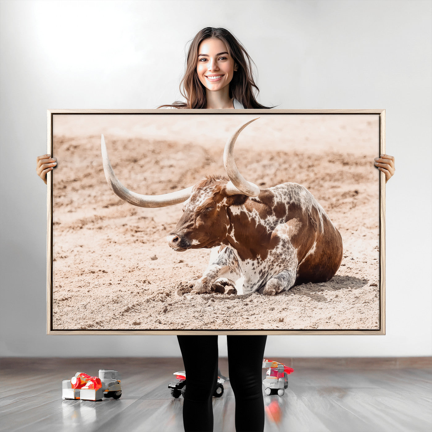 Texas Longhorn Wall Art Canvas Print, Framed Resting Bull Art Picture Print, Spotted Cattle Perfect Rustic Western Decor, Spotted Cattle