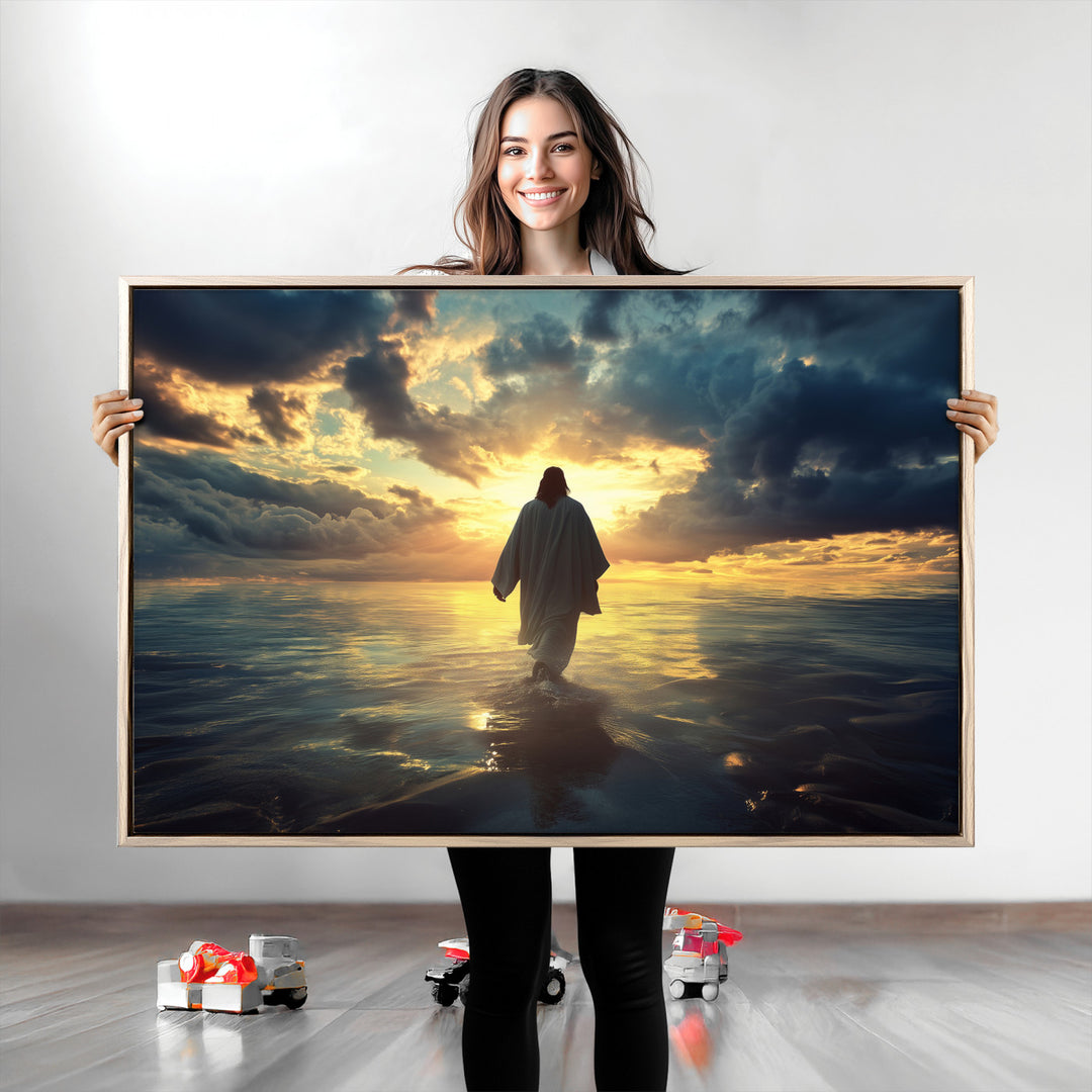 Jesus Walks Wall Art Canvas Print, Framed Divine Sunset Art Picture Print, Spiritual Light Perfect Spiritual Tranquil Decor Artwork