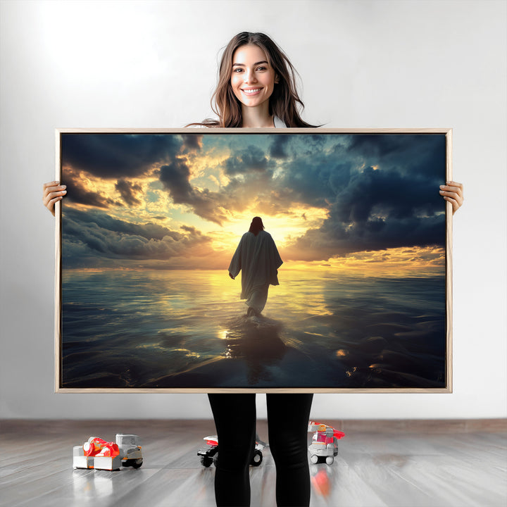 Jesus Walks Wall Art Canvas Print, Framed Divine Sunset Art Picture Print, Spiritual Light Perfect Spiritual Tranquil Decor Artwork