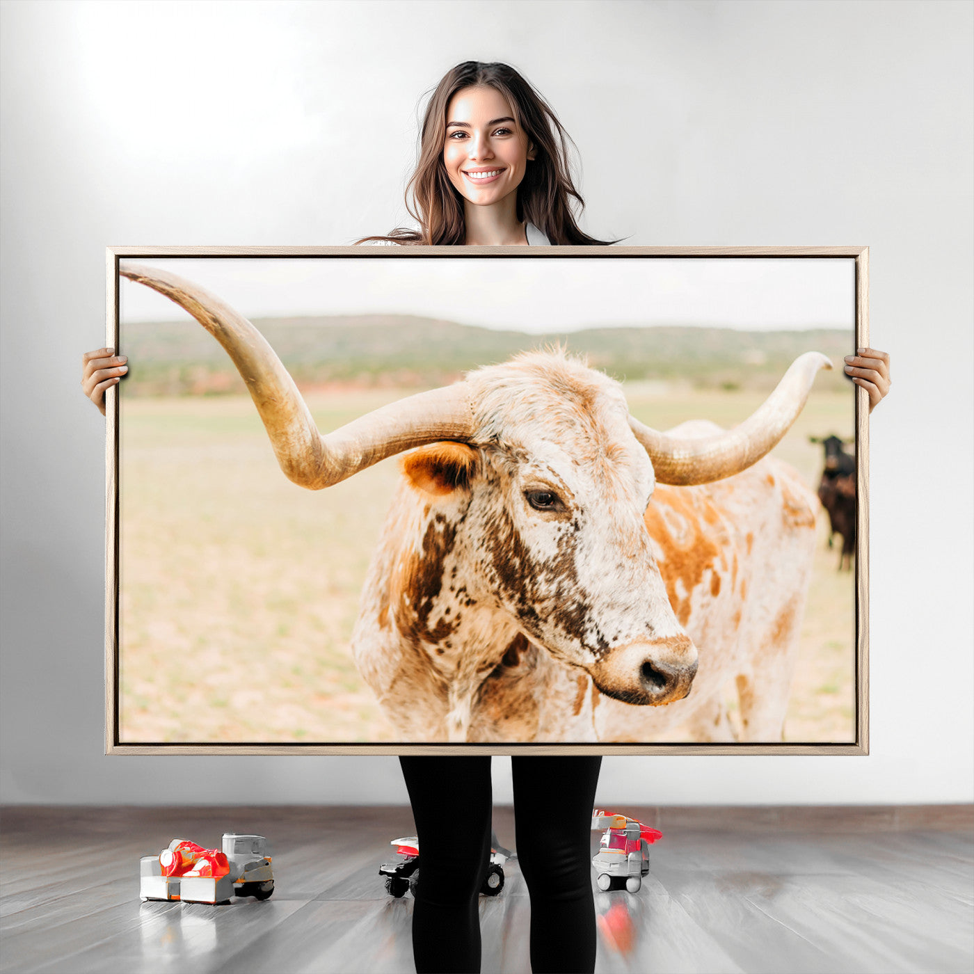Texas Longhorn Wall Art Canvas Print, Framed Speckled Cow Art Picture Print, Rustic Bull Perfect Rustic Western Decor, Framed Speckled Cow