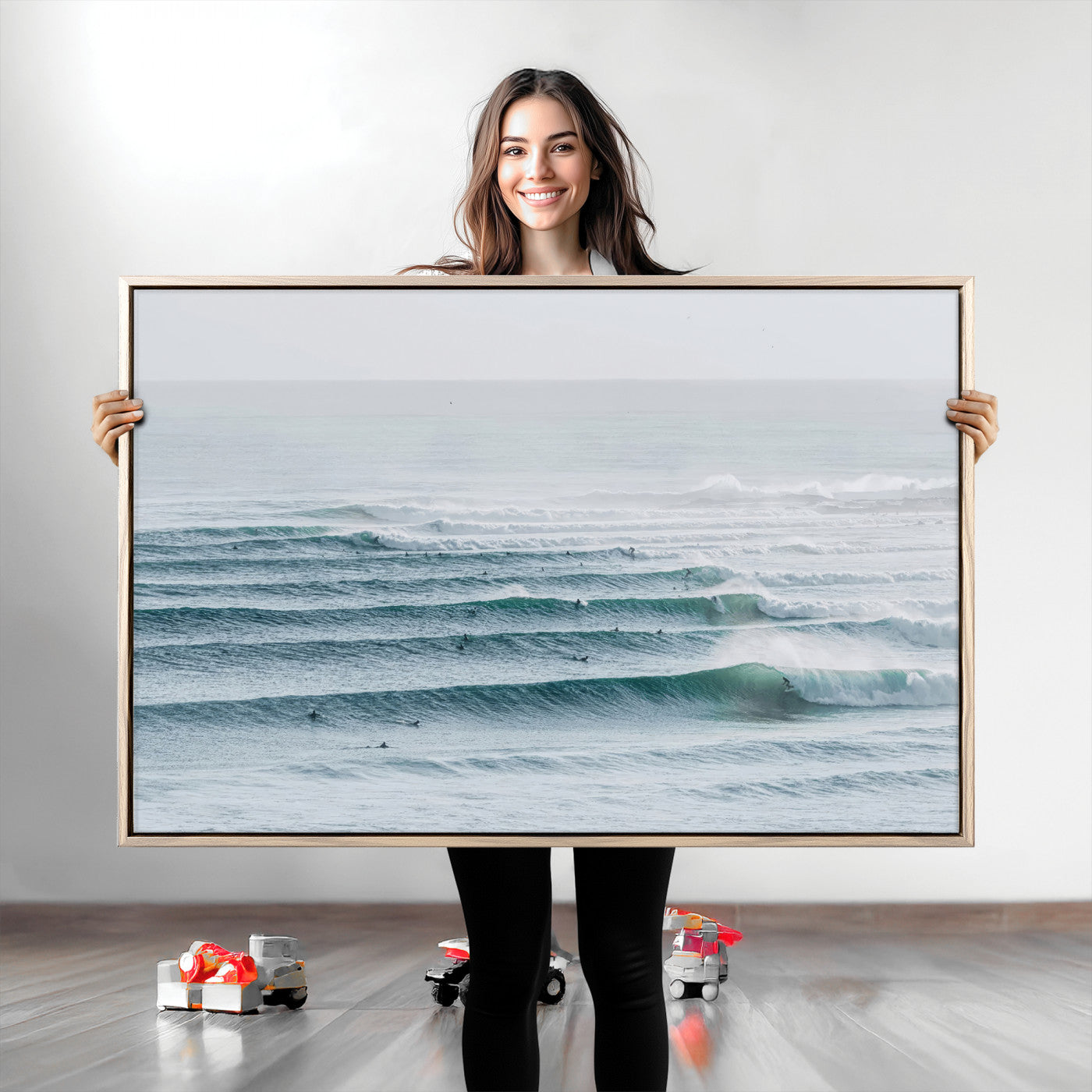 High-angle view of surfers lining up across layered ocean waves, ideal for minimal coastal or surf-inspired room decor.