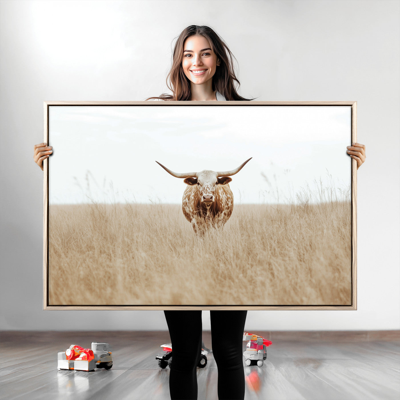 Texas Longhorn bull standing alone in dry grass with neutral tones, ideal for rustic western or cowboy-themed wall decor.