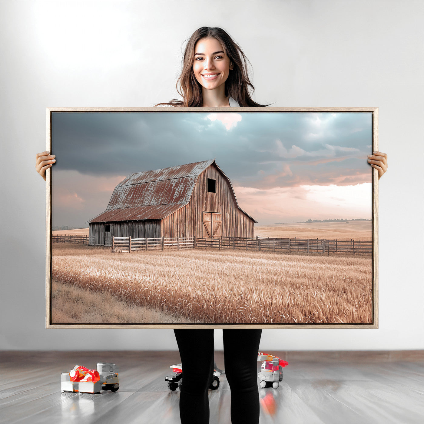 Framed canvas of a rustic barn in a golden wheat field under soft skies, ideal for vintage farmhouse or country-style wall decor.