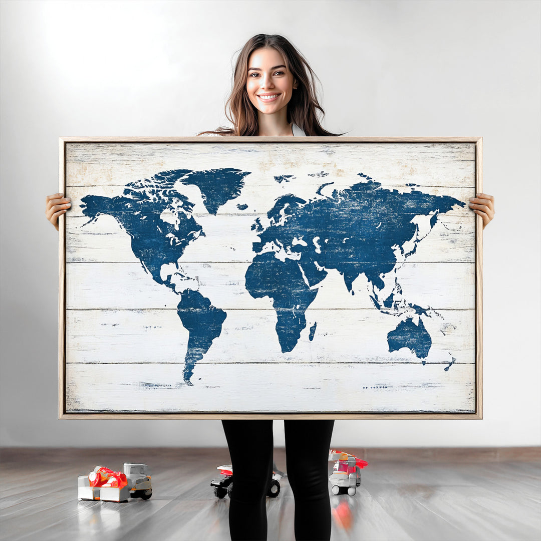 World Map Wall Art Canvas Print, Framed Rustic Atlas Art Picture Print, Wooden Map Perfect Vintage Decor Artwork