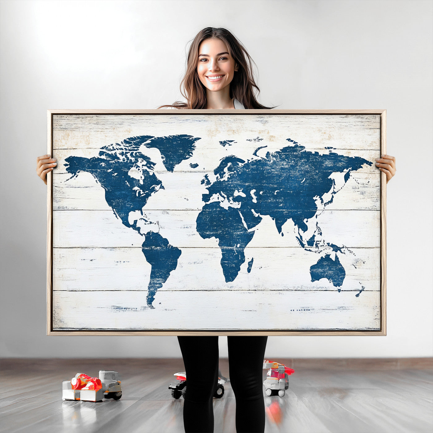 54107201-MGV-CV-36X24-World Map Wall Art Canvas Print, Framed Rustic Atlas Art Picture Print, Wooden Map Perfect Vintage Decor