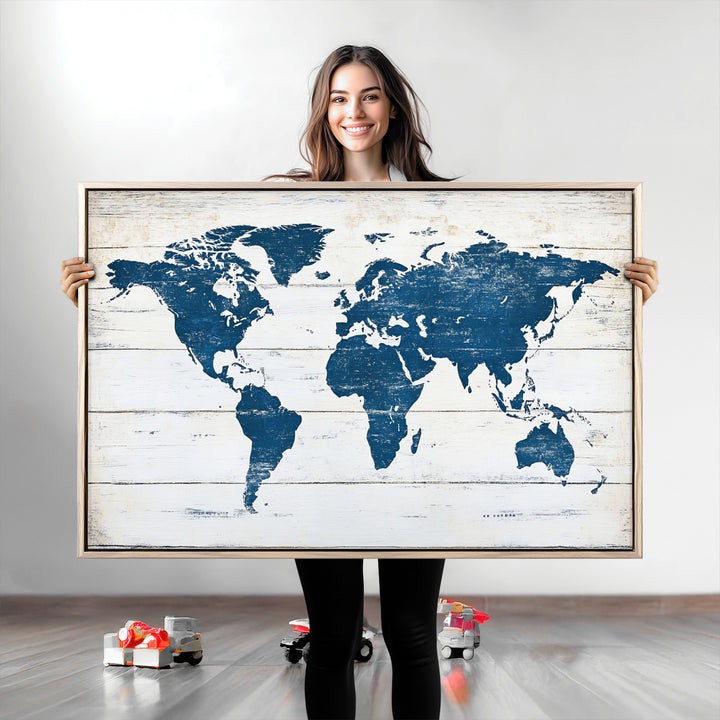 World Map Wall Art Canvas Print, Framed Rustic Atlas Art Picture Print, Wooden Map Perfect Vintage Decor Artwork