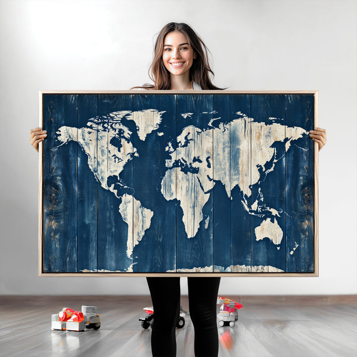 World Map Wall Art Canvas Print, Rustic Map Print, Framed Wooden World Map Art Print, Large Antique Map Decor Printing Perfect for Vintage Decor