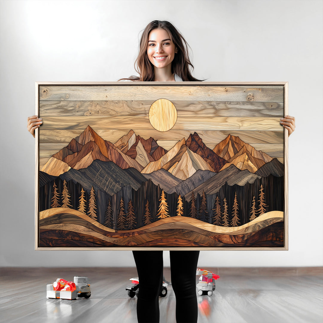 Wood Mountain Wall Art Canvas Print, Framed Boho Wood Art Print, Abstract Woodland Farmhouse Decor