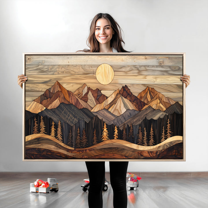 Wood Mountain Wall Art Canvas Print, Framed Boho Wood Art Print, Abstract Woodland Farmhouse Decor