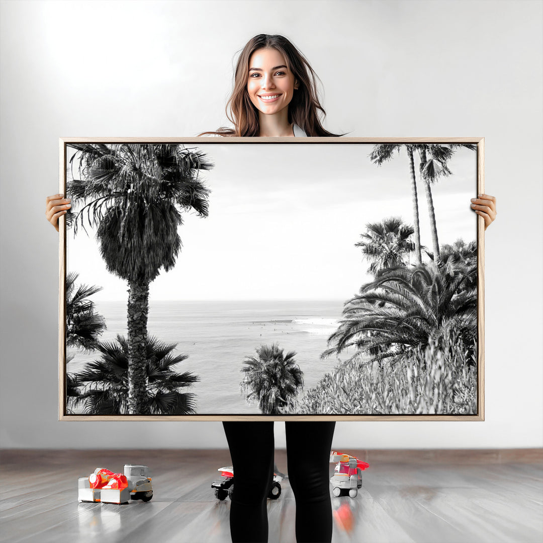 Palm Trees Wall Art Canvas Print, Framed Coastal Art Picture Print, Ocean Horizon Perfect Monochrome Coast Decor