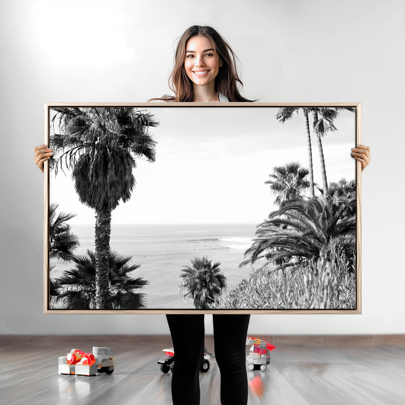 89458520-MGV-CV-36X24-Palm Trees Wall Art Canvas Print, Framed Coastal Art Picture Print, Ocean Horizon Perfect Monochrome Coast Decor