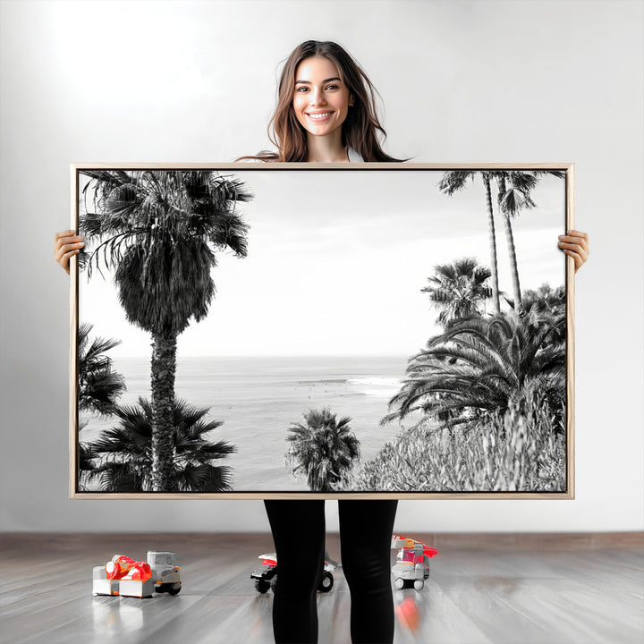 Palm Trees Wall Art Canvas Print, Framed Coastal Art Picture Print, Ocean Horizon Perfect Monochrome Coast Decor