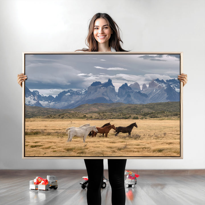 Wild Horses Wall Art Canvas Print, Framed Patagonian Peaks Art Picture Print, Torres del Paine Perfect Rustic Patagonian Freedom Decor, Wild